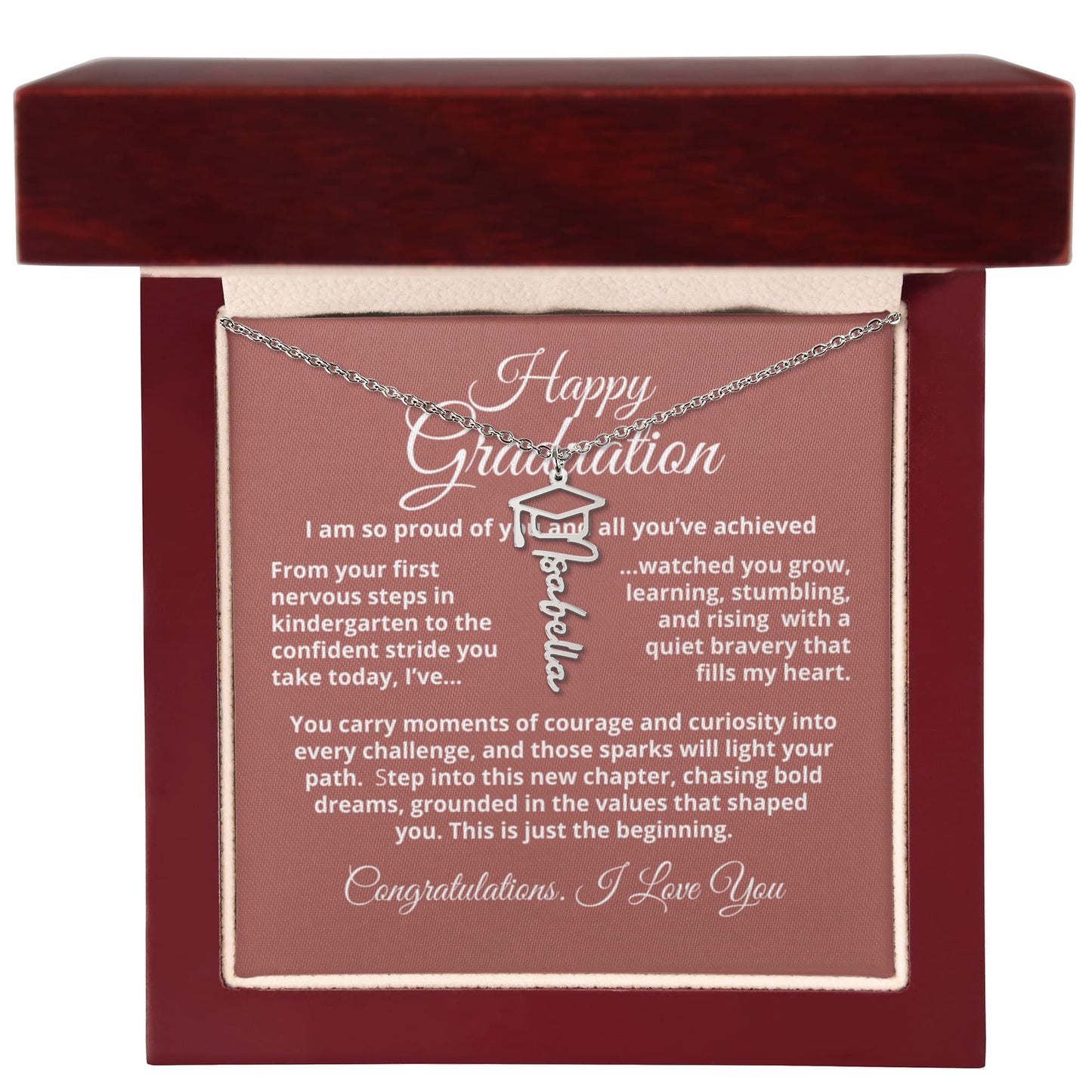 Graduation Cap Name Necklace, custom nameplate pendant, 18K yellow gold finish or polished stainless steel, adjustable 18"–20" cable chain.