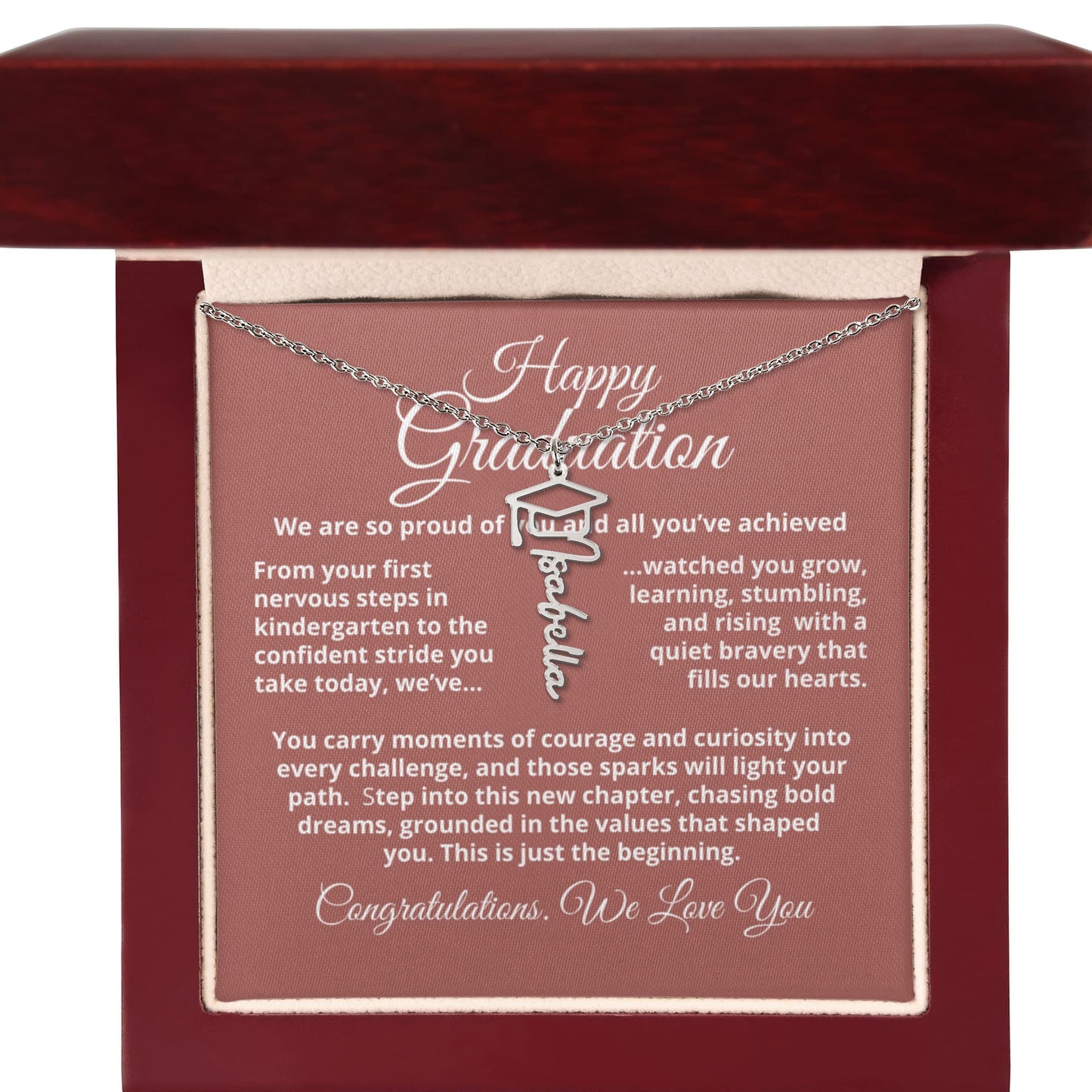 Personalized graduation gift — custom name necklace with cap charm presented in a gift-ready box for high school or college grads.
