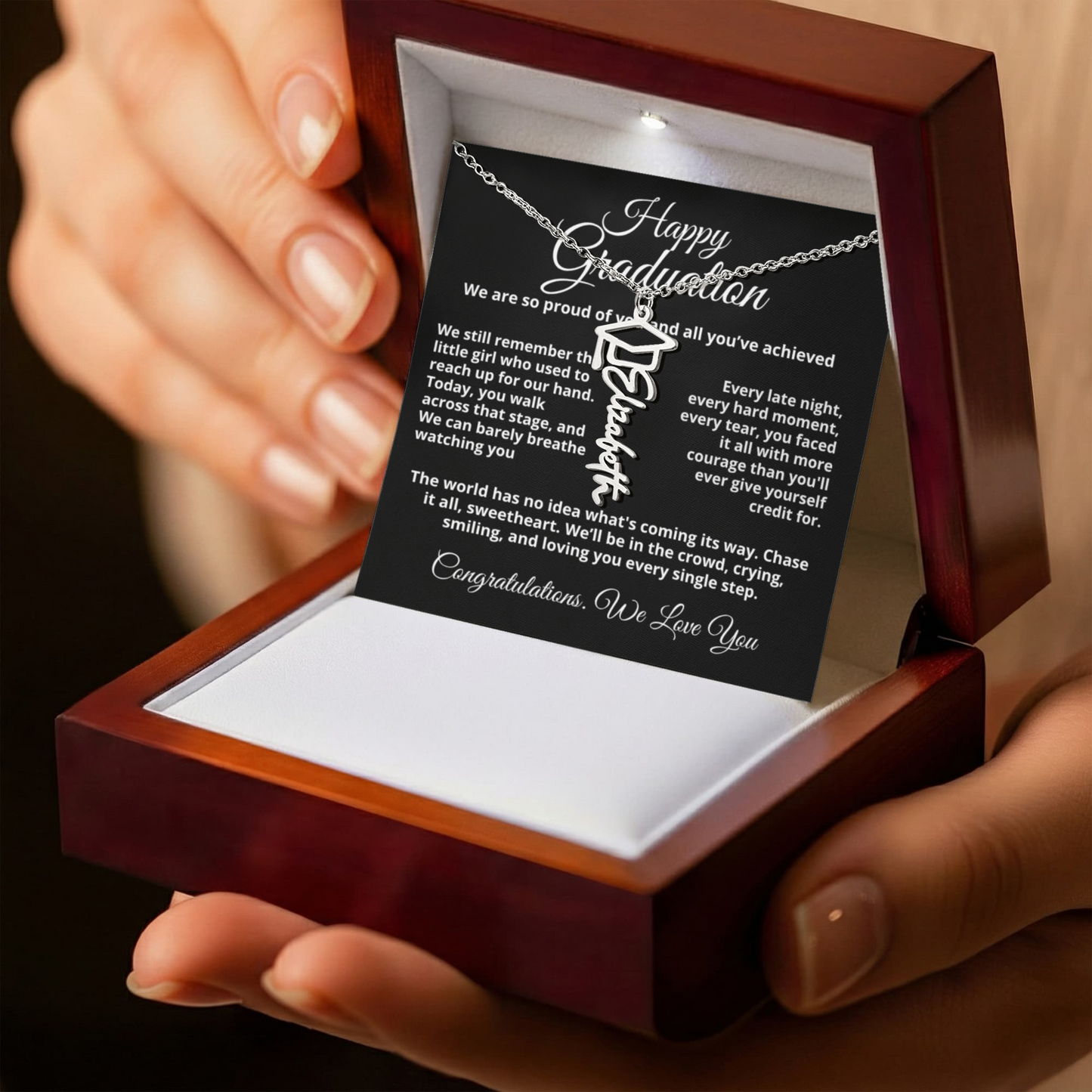Proud parents graduation message daughter jewelry gift