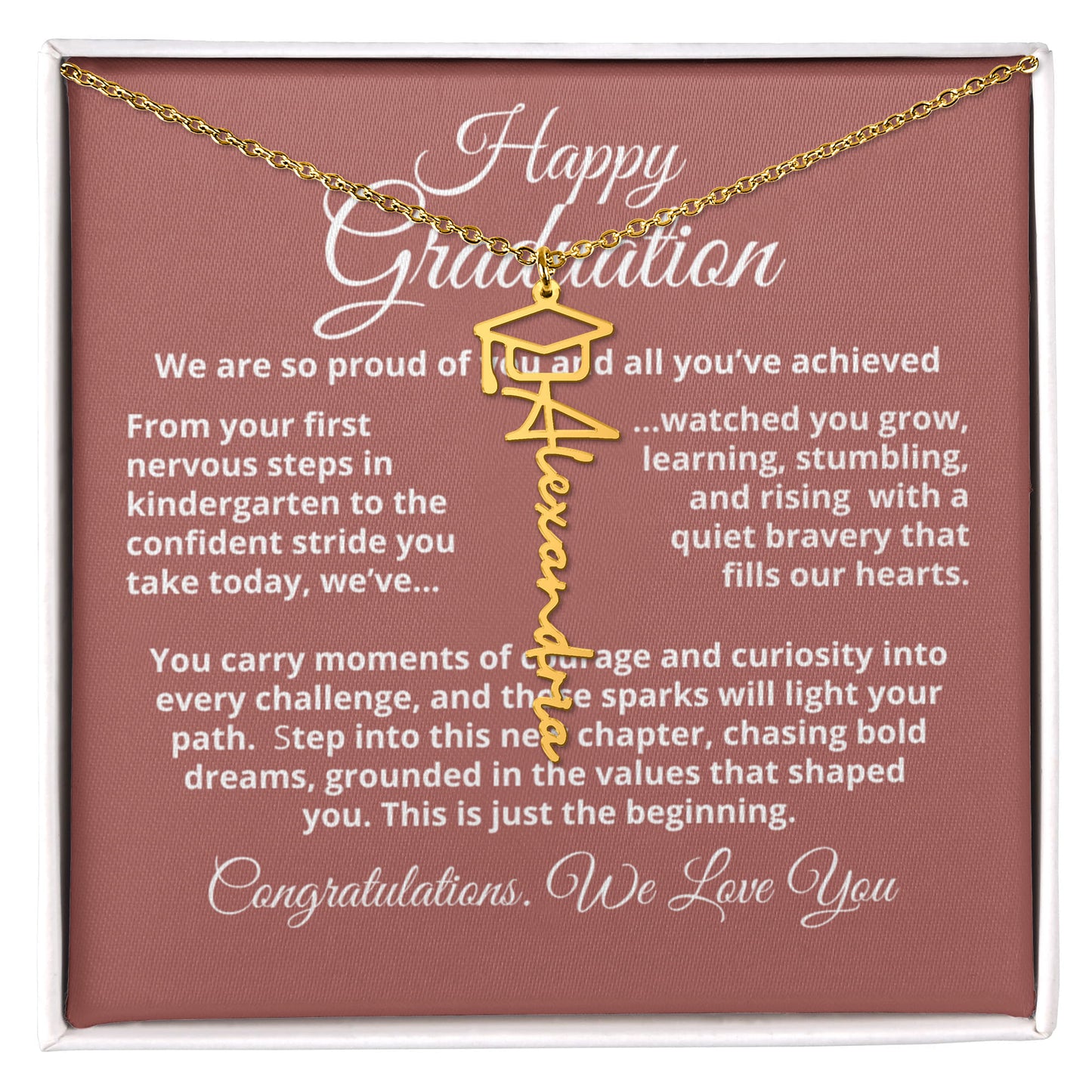 Personalized graduation name necklace with tassel cap charm, signature script nameplate in 18K gold or stainless steel, adjustable 18–20 inch chain.