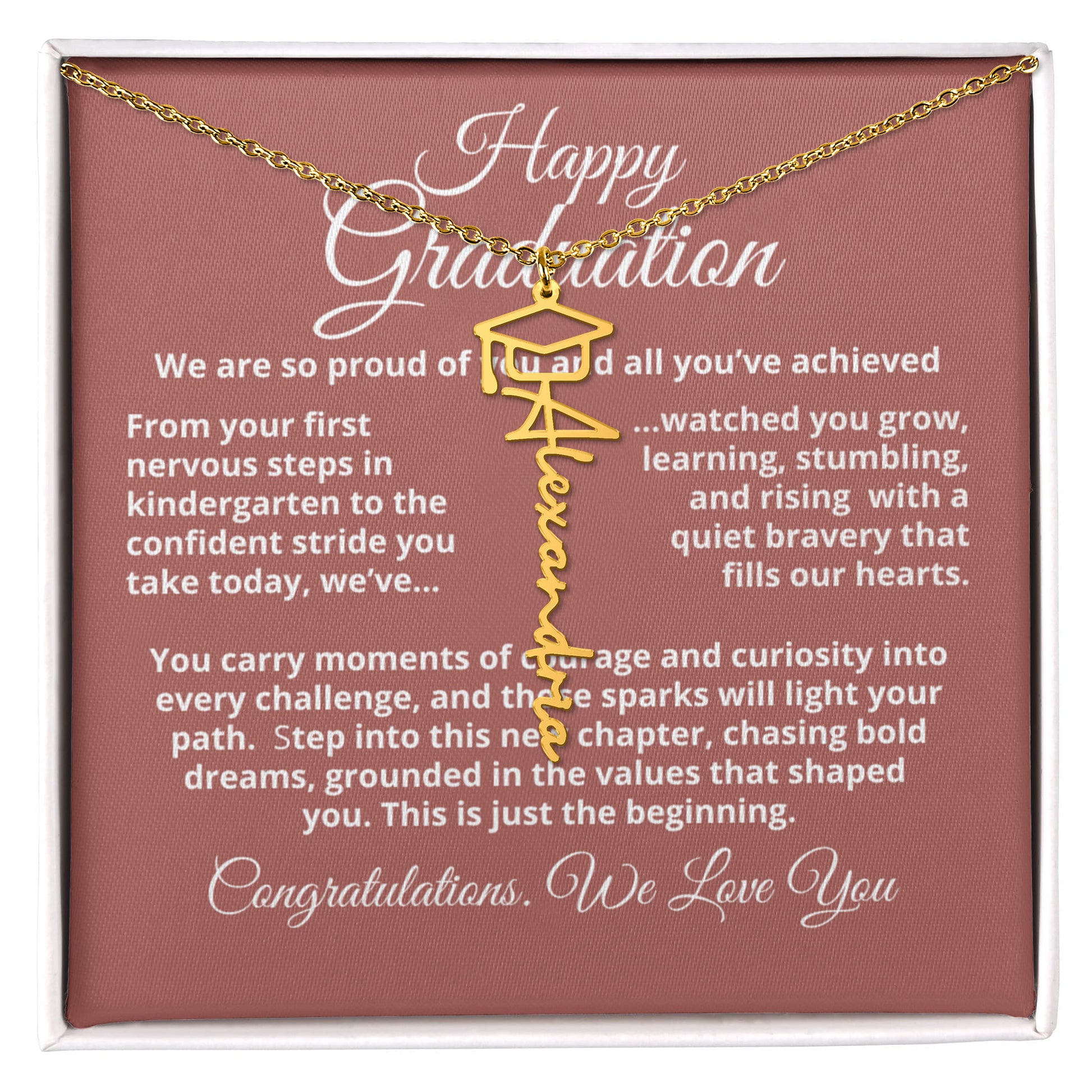 Personalized graduation name necklace with tassel cap charm, signature script nameplate in 18K gold or stainless steel, adjustable 18–20 inch chain.