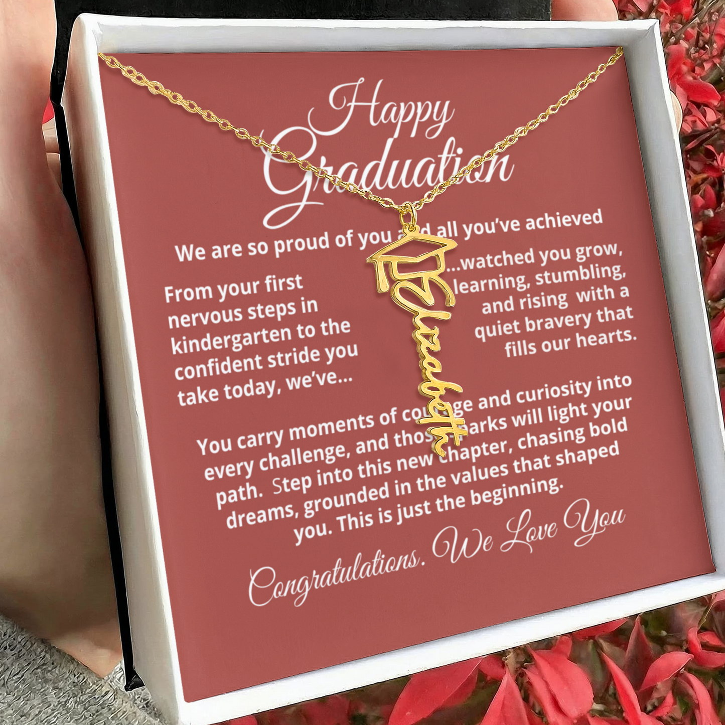 Graduation Cap Name Necklace, custom nameplate pendant, 18K yellow gold finish or polished stainless steel, adjustable 18"–20" cable chain.