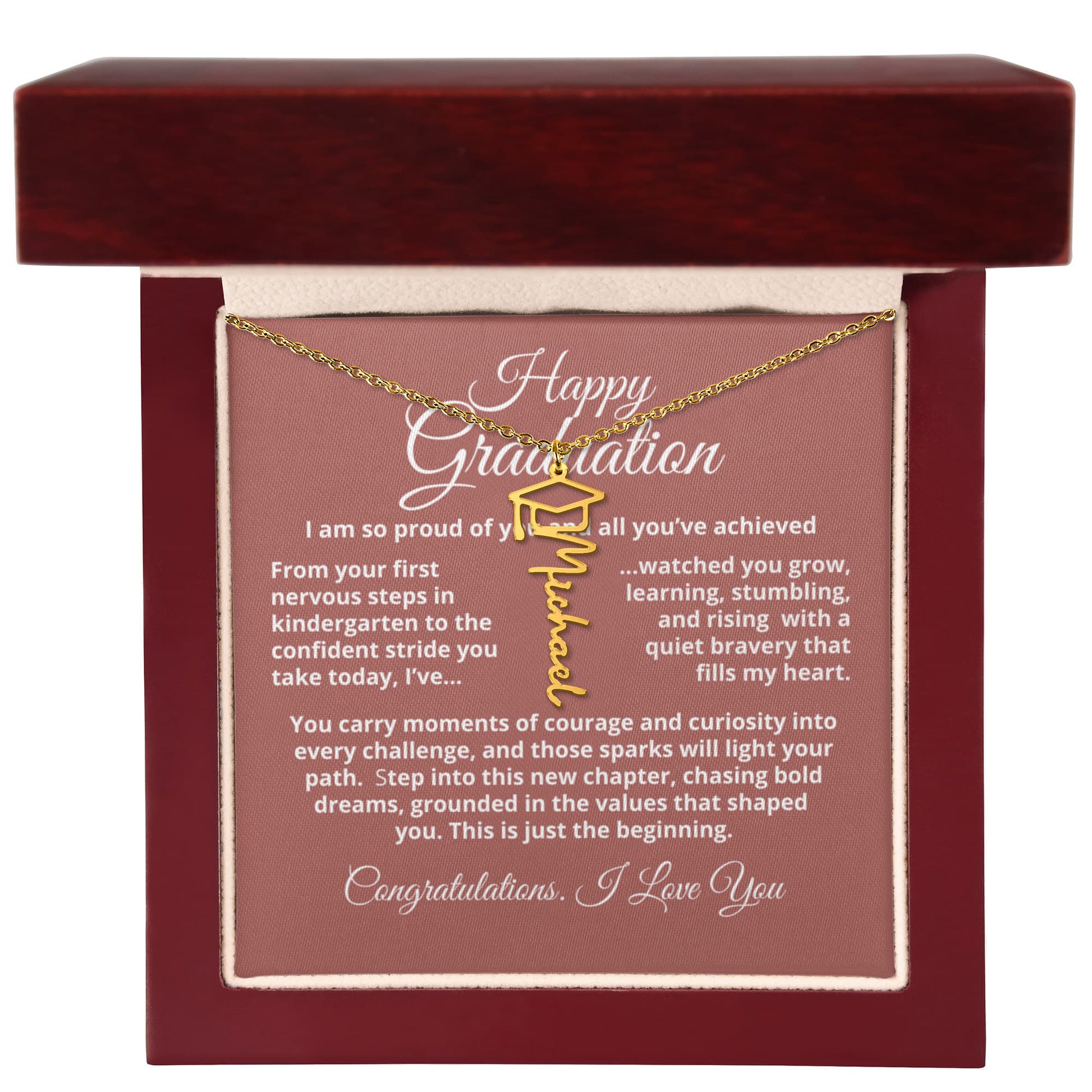 Custom Graduation Cap Name Necklace featuring a signature script nameplate and tiny graduation cap accent; choose polished stainless steel or 18K yellow gold finish; hangs on an adjustable 18–20" cable chain — a meaningful keepsake gift.