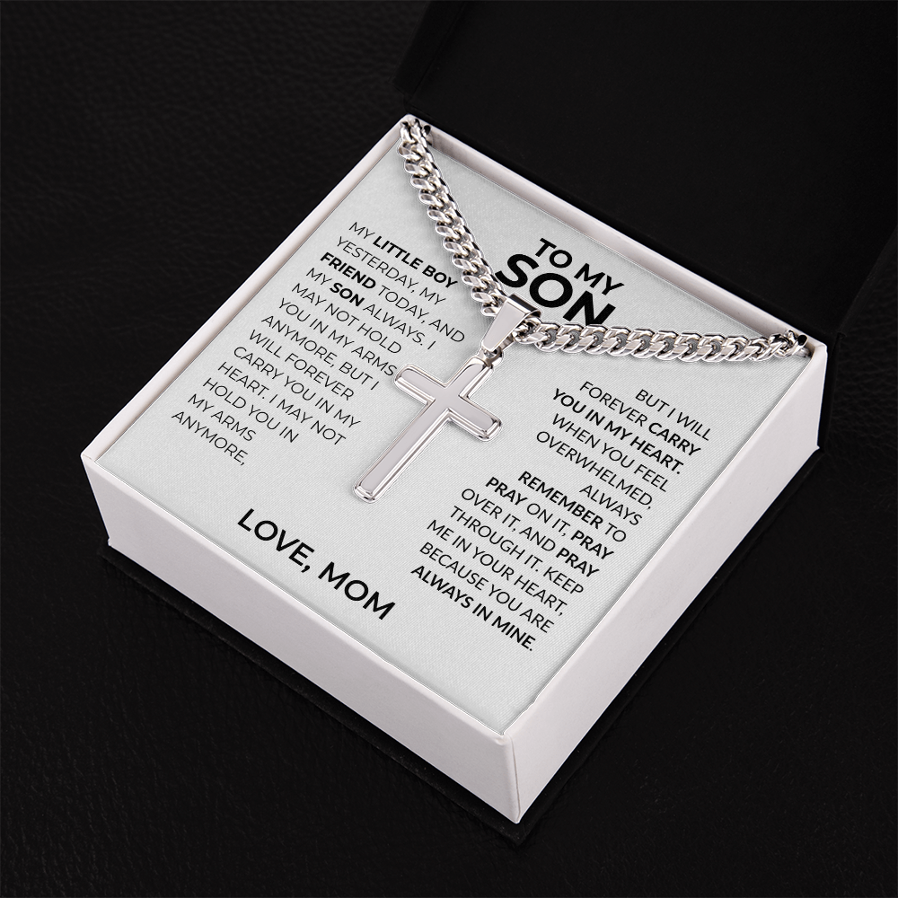 faith cross necklace gift for son with Cuban link chain