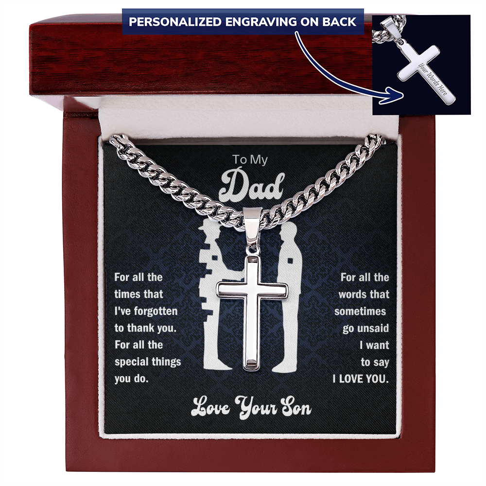 engraved cross necklace for men with bold Cuban link chain