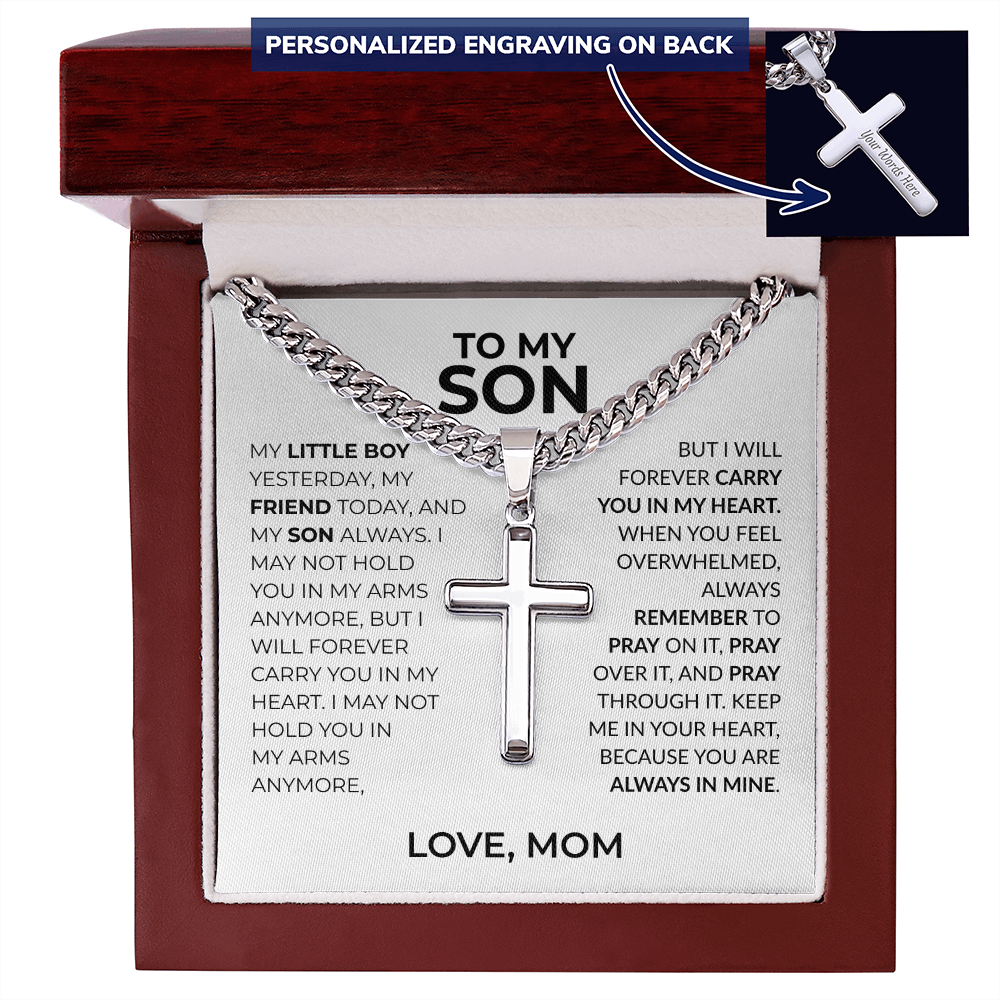 To My Son cross necklace with heartfelt message from mom